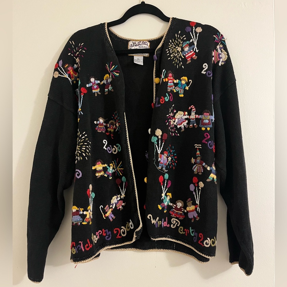Heirloom Collectibles “World Party 2000” Embroidered Black Cardigan